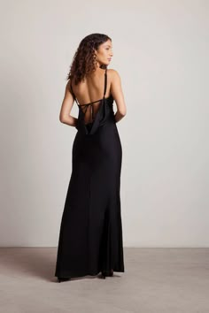 Late Nights Black Ruched Cowl Backless Slit Maxi Dress - $79 | Tobi US Simple Black Maxi Dress, Velvet Dresses Outfit, Black Wedding Guest Dresses, Black Lace Formal Dress, Diy Maxi Dress, Formal Maxi Dress, Brown Maxi Dresses, Prom 2023, Black Backless Dress