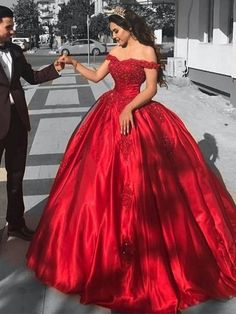 Gown Sleeveless Off-the-Shoulder Sweep/Brush Train Satin Lace Dresses - Prom Dresses Wedding Dresses Lace Corset, Ribbon Applique, Red Ball Gowns, Off Shoulder Ball Gown, Beaded Ribbon, Prom Dress With Train, Red Ball Gown, Red Quinceanera Dresses, Modest Prom