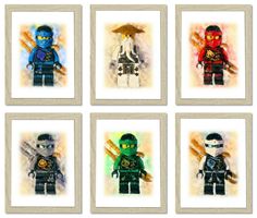 four framed pictures of legos in different colors and sizes, each with the same character