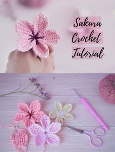 crochet flowers and scissors on a table with the words saberna crochet