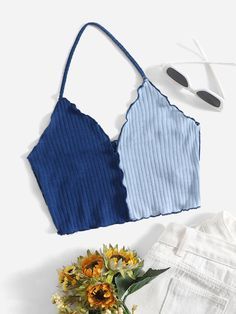 Blue Casual Polyester Colorblock Halter Embellished Slight Stretch Summer Women Tops, Blouses & Tee Halter Tops Outfit, Crocs Fashion, Womens Halter Tops, Aesthetic Outfit Ideas, Blue Crop Tops, Halter Tops, Girls Summer Outfits