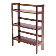 a wooden shelf with three shelves on each side