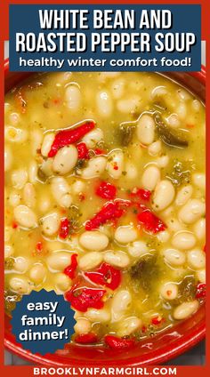 closeup of a red bowl of broth with white beans and green and red peppers Soup With Pesto, Roasted Pepper Soup, Meatless Soups, Easy Winter Recipes, Soup Healthy