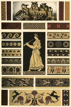 an old book with greek designs on the front and back cover, including images of women