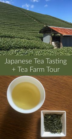 a cup of tea sitting on top of a wooden table next to a white bowl filled with green tea