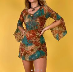 Bohemian Mini Dress, Hippie Party, Estilo Hippy, Earthy Outfits, Scooped Neckline, Hippie Outfits