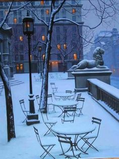 a painting of tables and chairs covered in snow next to a lamp post with a lion statue on top