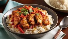 a bowl filled with rice and chicken on top of a table