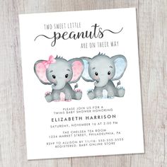 two baby elephants are standing next to each other on a wooden background with the words, two sweet little peanut's are on their way