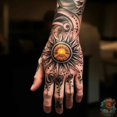 The Power of Sun Tattoos: A Symbol of Strength, Life, and Renewal: 56 Designs - inktat2.com Sun Flame Tattoo, Realism Sun Tattoo, Sun Tattoo On Hand, Sun Tattoo Hand, Sun Hand Tattoo, Sun Tattoo Men, Solar Eclipse Tattoo, Thumb Tattoo, Georgia Tattoo