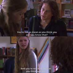 two women talking to each other in front of bookshelves with the caption you're not as mean as you think you are