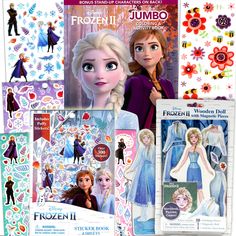 various frozen princess stickers are shown in this image, including an adult and child's book