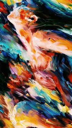 an abstract painting of a woman's face and body with multicolored hair