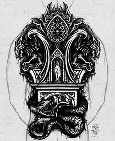 a black and white drawing of an ornate chair