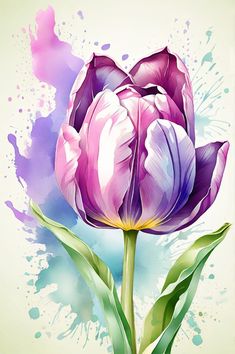 a painting of a purple tulip on a white background with watercolor splashes