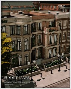 an aerial view of a building with many windows and balconies on the second floor