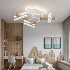 the bedroom is decorated in white and wood with an unusual light fixture above the bed