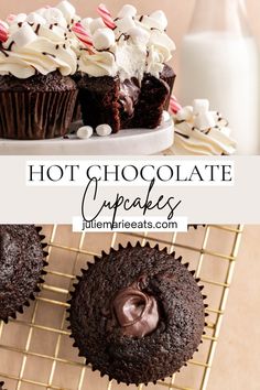 chocolate cupcakes on a cooling rack with milk