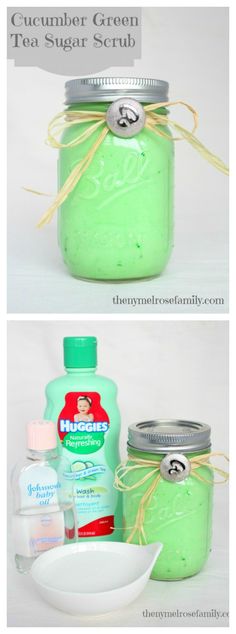 two pictures showing how to make homemade green tea sugar scrub