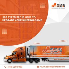 an advertisement for a shipping game featuring a semi - truck with orange and white graphics