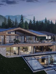 this is an artist's rendering of a modern house in the mountains at dusk