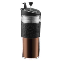 the bodun coffee cup is shown with its lid open and it's handle on