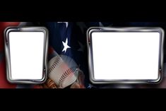 an american flag with two baseballs in the middle and one on the other side