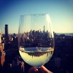 a person holding up a wine glass in front of a cityscape