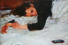 a painting of a person laying on a bed next to a cell phone and remote control