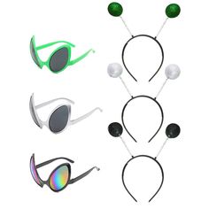 four different styles of sunglasses and headbands on a white background, including one green