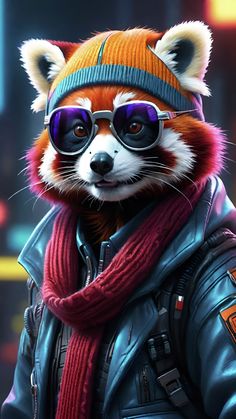 a red panda wearing sunglasses and a scarf