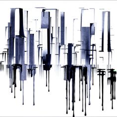 an abstract black and white painting with lots of tall buildings in the middle of it