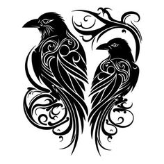 two black birds with swirls on their wings, one is in the shape of a heart