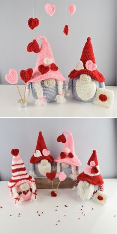 crocheted gnomes with hearts hanging from the roof and in front of them