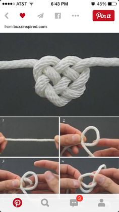 instructions to make a knotted knot with white yarn and scissors on the end of it