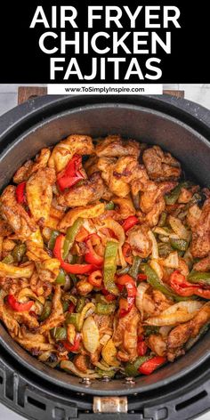 black air fryer basket full of fajita seasoned chicken strips, red and green bell peppers and onion. Chicken Fahijatas Recipe, Easy Chicken Fajita Recipe, Fajita Seasoning Recipe, Chicken Fajitas Recipe, Easy Chicken Fajitas, Spicy Guacamole, Fajitas Recipe, Homemade Fajita Seasoning, Mexican Breakfast Recipes