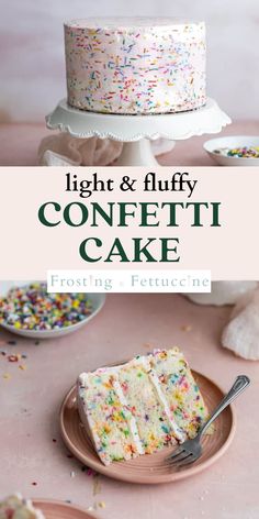 a white cake with sprinkles on it and the title light & fluffy confetti cake