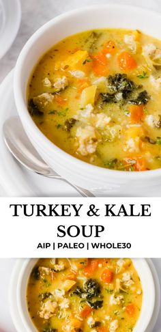 turkey and kale soup in a white bowl