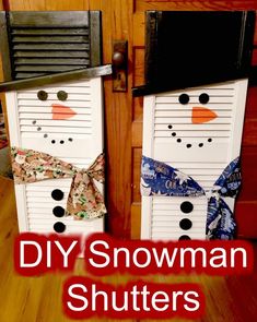 two snowmen made out of shutters with the words diy snowman shutterrs