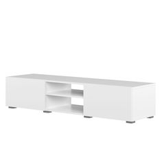 a white entertainment center with two shelves on one side and an open shelf on the other