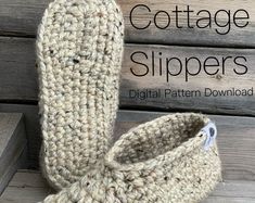 crocheted slippers with the text, cottage slippers digital pattern