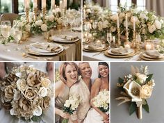 wedding bouquets, flowers and candles are arranged on the table