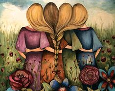 two girls with long hair standing in the grass and holding each other's hands