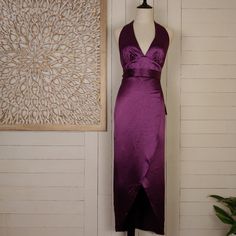 Size: S Color: Purple Halter Neck With Gold Button Closure V-Neck Sleeveless; Empire Seams Maxi Lengthtextured Satin Faux Wrap Hi-Lo Hem Removable Sash Tie Belt Elastic Back Waistband New With Tags Purple Satin Maxi Dress For Night Out, Fitted Purple Midi Dress For Dinner, Purple Satin Halter Neck Dress, Purple Satin Dress For Date Night, Purple Satin V-neck Maxi Dress, Purple V-neck Dinner Dress, Purple Halter Dress, Bridesmaids Dress, Halter Maxi