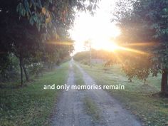 the sun is shining down on a dirt road with trees in the foreground and only memories remain