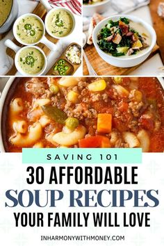 soup recipe collage with the title saying saving 101, 30 afordable soup recipes your family will love