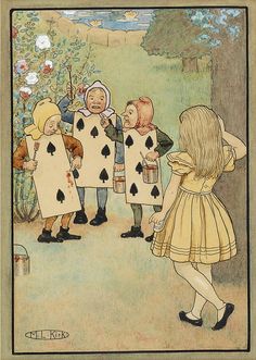 an illustration of children playing cards in the woods with one girl holding her hand out