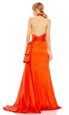 Orange high neck crisscross halter dress with cut out and open back.