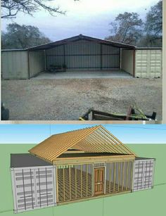 two pictures side by side with the same building in different stages and one has an open garage