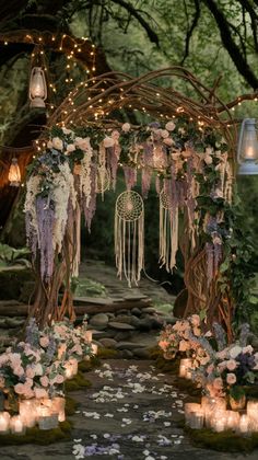 Creating a wedding fantasy altar can elevate the atmosphere of a wedding ceremonymaking it feel magical and otherworldly weddingidea weddingaltar wedding Diy Fantasy Wedding Decorations, Fantasy Woodland Wedding, Boho Witchy Wedding Ideas, Forest Fae Wedding, Enchanted Forest Wedding Aisle, Forest Wedding Altar, Pagan Wedding Altar, Pagan Wedding Aesthetic, Mushroom Themed Wedding